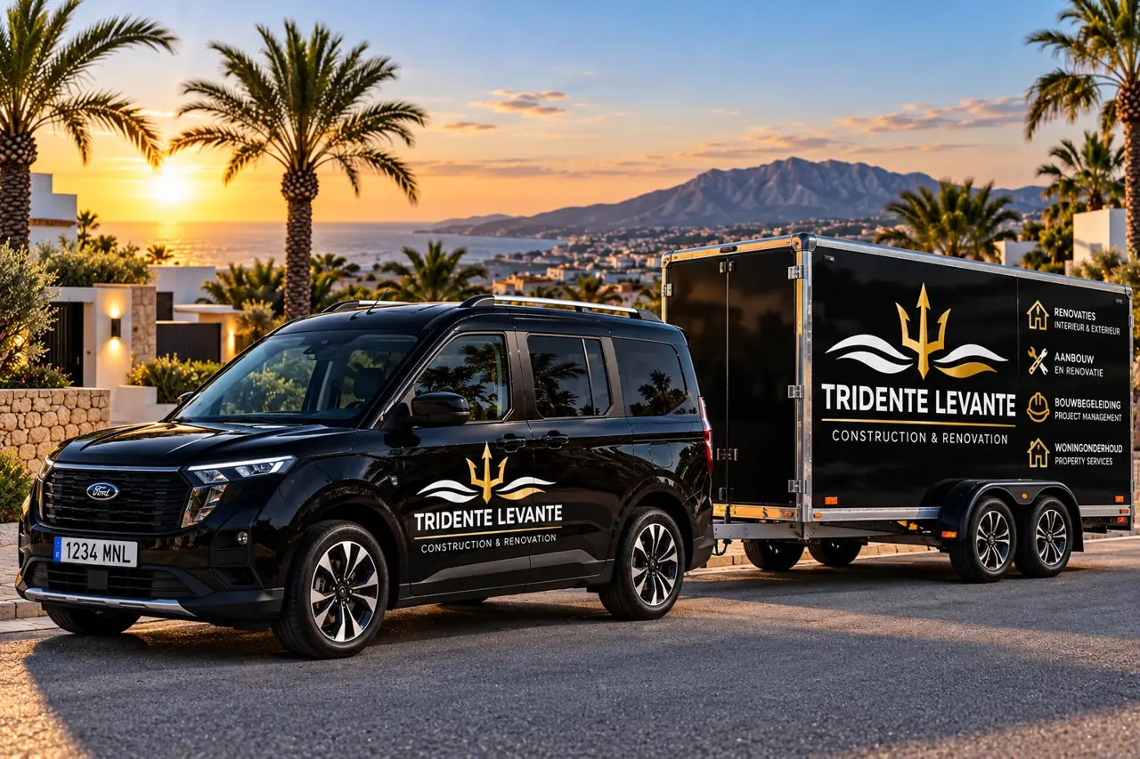 Ontwerpvisualisatie van een zwarte Ford met aanhanger in Tridente Levante-huisstijl